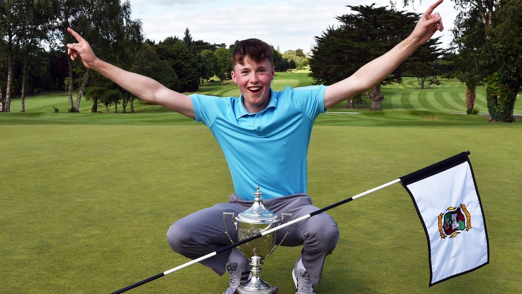 Mark Power celebrates victory at the 3rd tie hole to win the 2017 Irish Boys Amateur Open Championship at Castletroy Golf Club in June 2017. Photograph: Pat Cashman