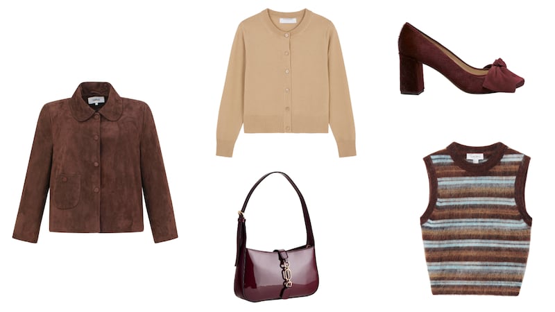 Suede Jacket, €395, Ba&sh, Kildare Village; Cardigan, €30, The Edit, Penneys; Bow Pump Burgundy Pony hair €240, Nicki Hoyne; Berry Gloss Mini Structured Shoulder Bag €40.50; knitted mohair vest, €69, & Other Stories