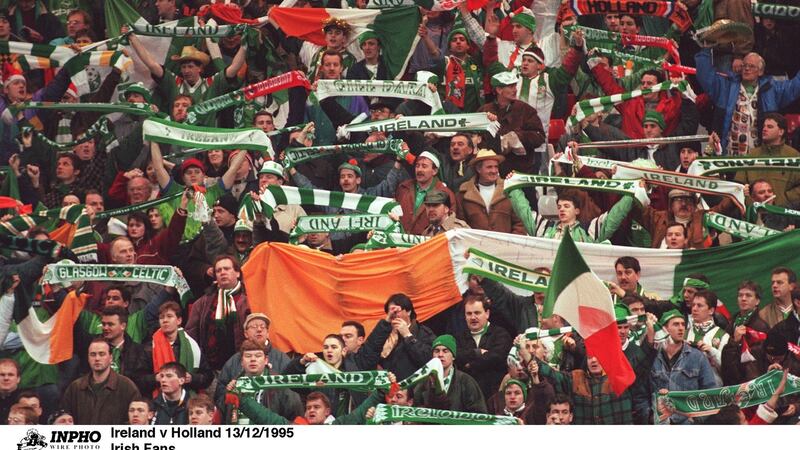 Ireland fans in Anfield with a suspect number of Ivory Coast flags on show. Photo: Inpho