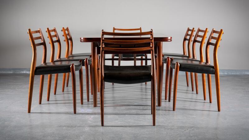 rosewood table, and eight dining chairs by Niels Moller