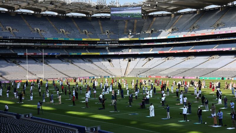 Hundreds of members of Ireland’s Muslim community celebrate Eid al-Adha at Croke Park, Dublin. Photograph: Dara Mac Dónaill