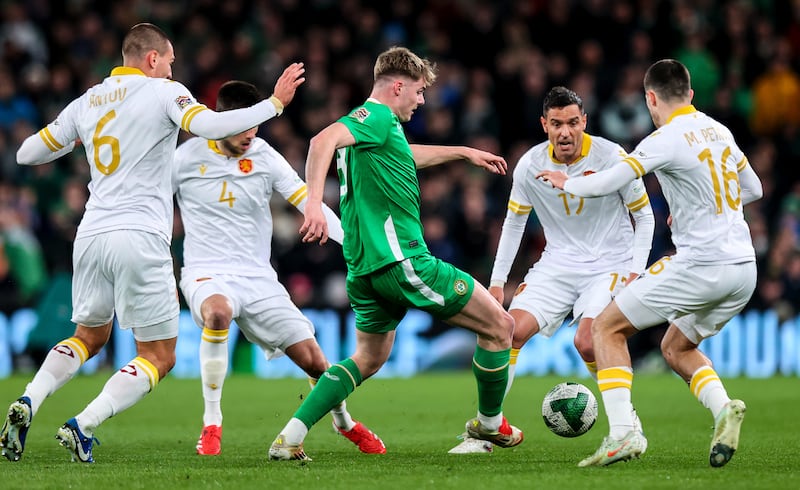 Ireland's Evan Ferguson surrounded by Bulgarian defenders at the Aviva. Photograph: Ryan Byrne/Inpho
