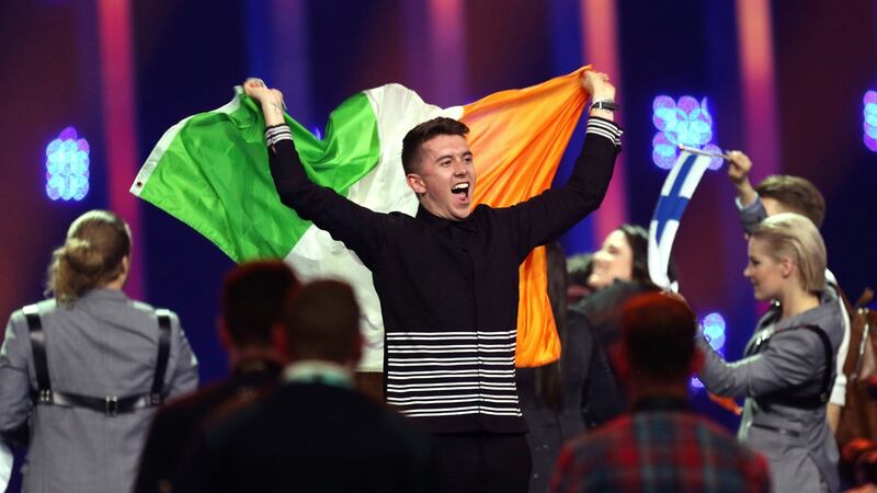 Ryan O’Shaughnessy celebrates after securing a place for Ireland in the Eurovision final in Lisbon in 2018, the last year Ireland qualified. Photograph: AP