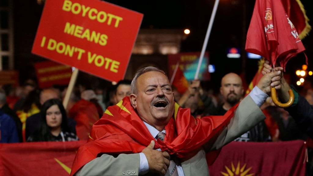 Protesters in Skopje boycott a referendum on changing Macedonia’s name to pave way for it to join Nato and the EU. Photograph: Marko Djurica