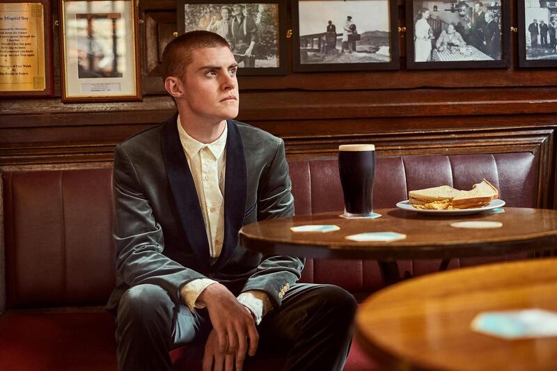 Paul Smith Collection: shawl-collared velvet evening suit with contrast collar and cream embroidered shirt. Photograph: James Mooney