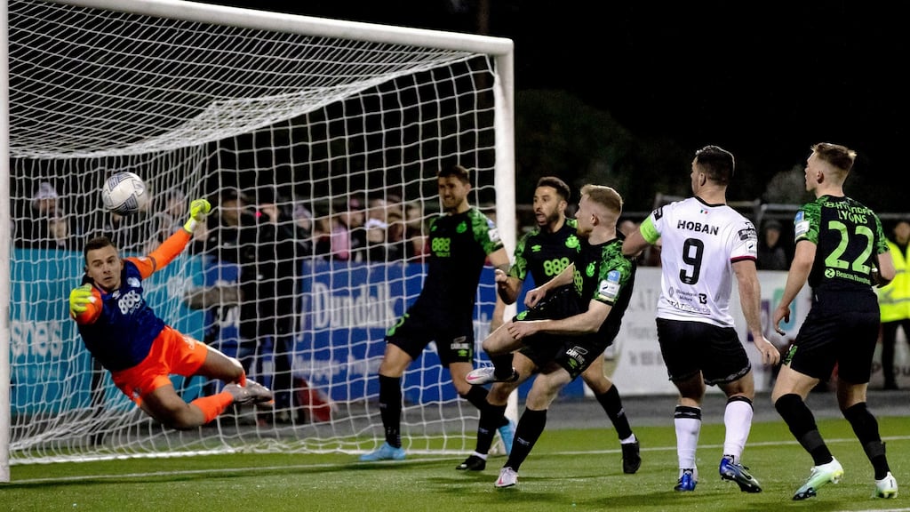 Shamrock Rovers goalkeeper Leon Pöhls saves from the headed attempt of Dundalk’s Patrick Hoban during the SSE Airtricity League Premier Division game at  Oriel Park. Photograph: Morgan Treacy/Inpho