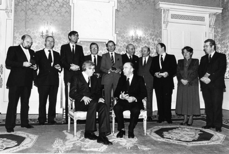 The 1986 Cabinet re-shuffle. Front row, left to right: then taoiseach Dr Garret FitzGerald, President Patrick Hillery. Back row left: Ruairí Quinn; John Bruton; Alan Dukes; Paddy O'Toole; John Boland; Paddy Cooney; Barry Desmond; Michael Noonan; Gemma Hussey; and Liam Kavanagh. Photograph: Paddy Whelan