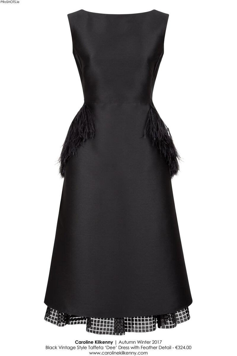 The Dee dress, a little show-stopping vintage-style black taffeta dress with feathers for €324.