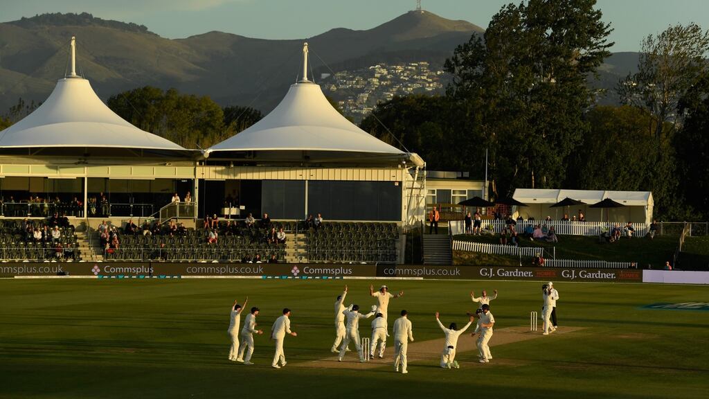 England crowd the bat with fielders as Jack Leach bowls during day five of the second Test match between New Zealand and England at Hagley Oval in Christchurch, New Zealand. Photo: Stu Forster/Getty Images