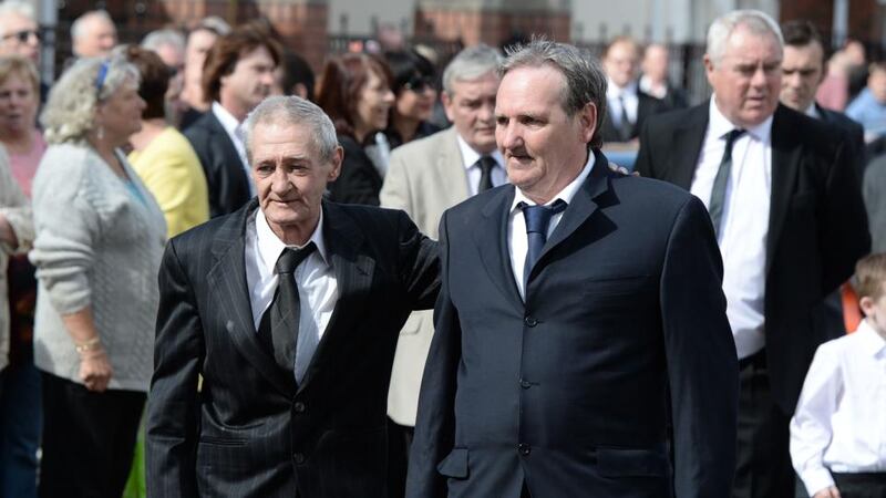Wrongly convicted: Paddy Armstrong (right) and Paddy Hill at the funeral, in Belfast in 2014, of their fellow Guildford Four member Gerry Conlon. Photograph: Charles McQuillan/Getty