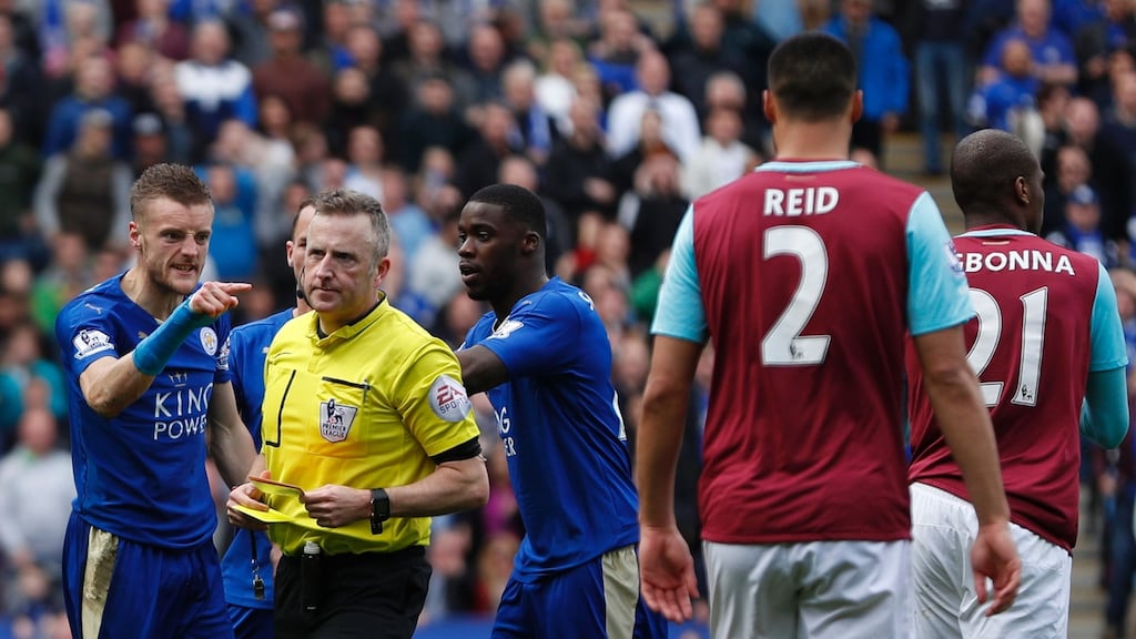 Leicester City’s Jamie Vardy reacts to being sent off in his side’s Premier League draw with West Ham. Photo: Adrian Dennis/Getty Images