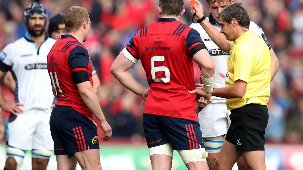 Munster’s Keith Earls is sent off by referee Jerome Garces last Saturday. Photograph: Ryan Byrne/Inpho