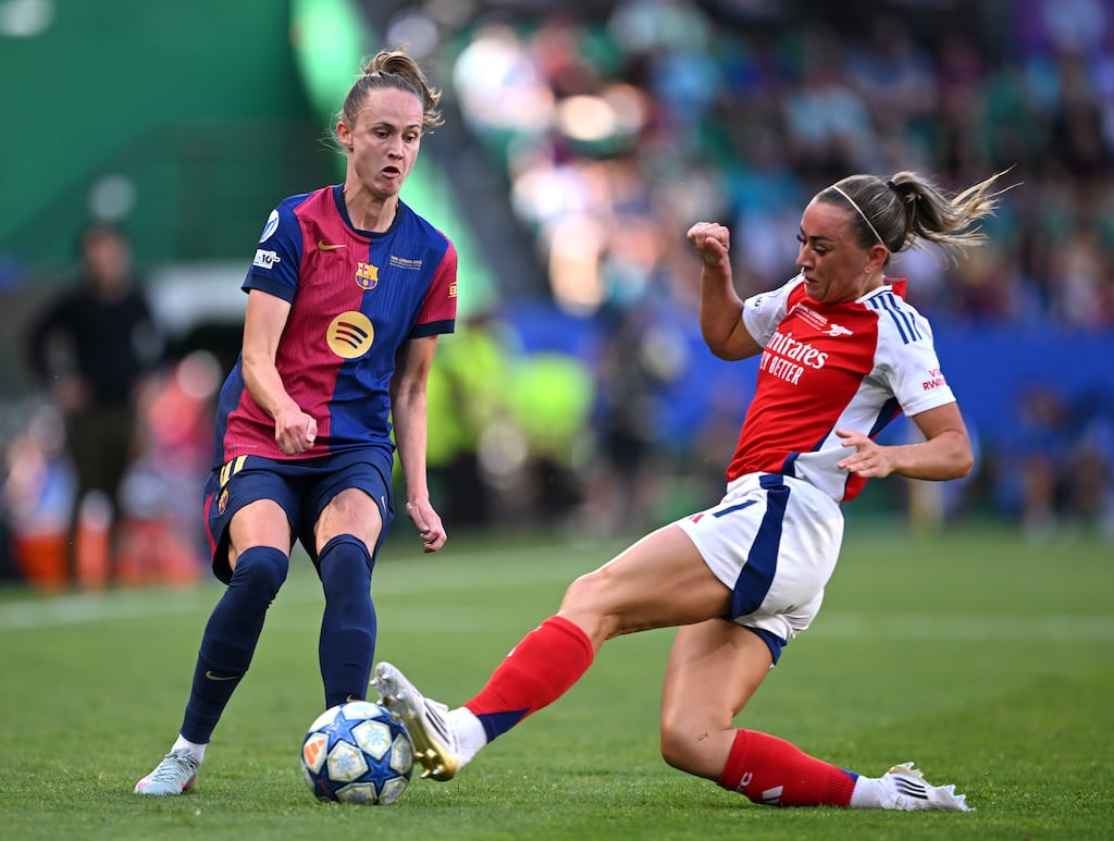 Ireland's Katie McCabe in action for Arsenal against Barcelona's Caroline Graham Hansen during the Uefa Women's Champions League final at Estádio José Alvalade in Lisbon, Portugal. Photograph: David Ramos/Getty Images
