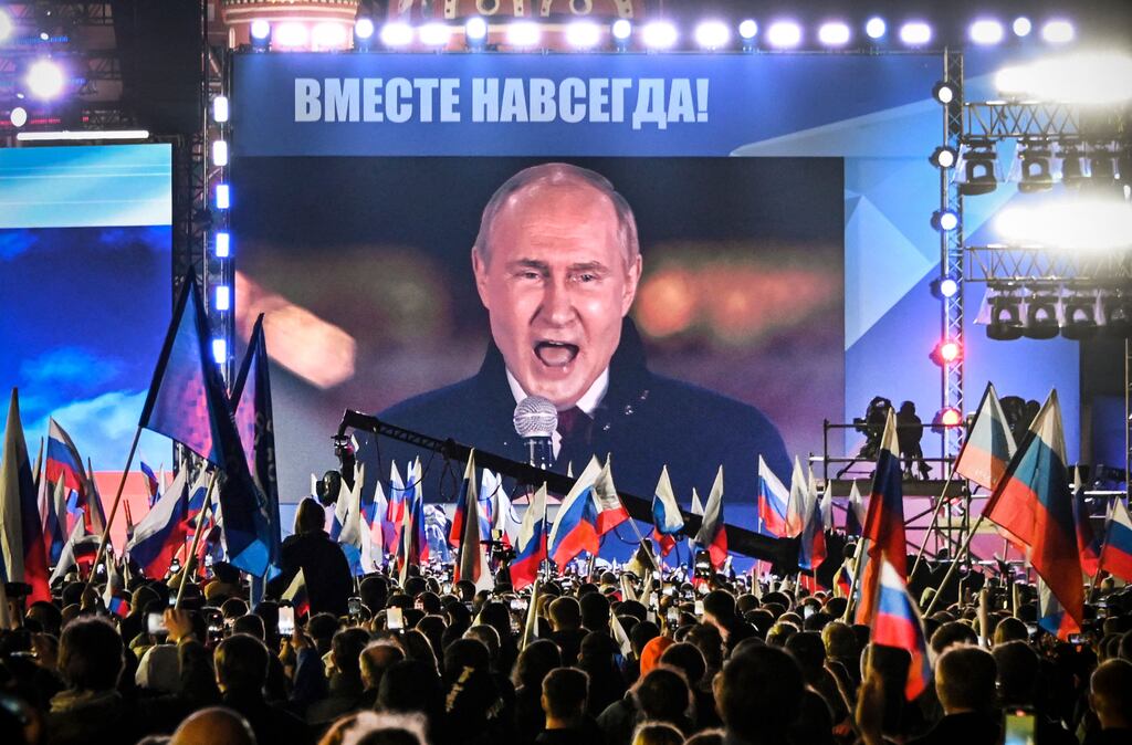 Russian president Vladimir Putin is seen on a screen in Red Square, Moscow, as he addresses a rally and a concert marking the annexation of the Lugansk, Donetsk, Kherson and Zaporizhzhia  regions of Ukraine.  Photograph: Alexander Nemenov/AFP