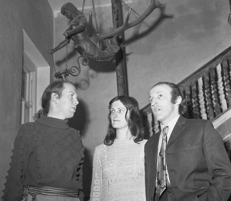 Garech Browne (left) with Paddy Moloney of the Chieftains and his wife at the Tailors Hall reception in Dublin in 1971 to mark the publication of five new traditional records under the Claddagh label. Photograph: Kevin McMahon