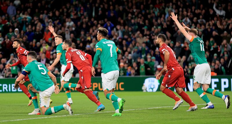 Ireland’s Dara O'Shea appeals for a penalty against Armenia that was later awarded via VAR. Photograph: James Crombie/Inpho