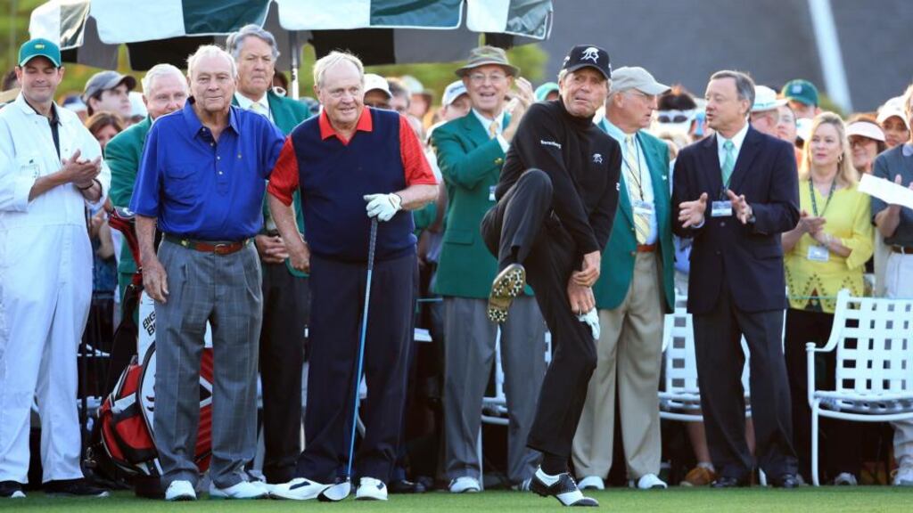 Honorary Starters Arnold Palmer and Jack Nicklaus of the United States wait alongside Gary Player of South Africa on the first tee during the first round of the 2015 Masters Tournament at Augusta National Golf Club. Photo: David Cannon/Getty Images