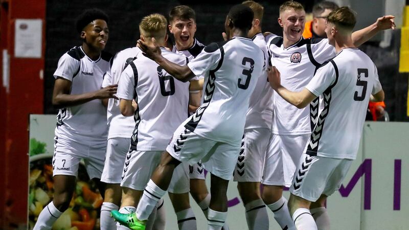 Bohemians players celebrate after Ali Reghba scored from the penalty spot in the Uefa Youth League first round second leg game against FC Midtjylland at Dalymount Park. Photograph: Oisín Keniry/Inpho