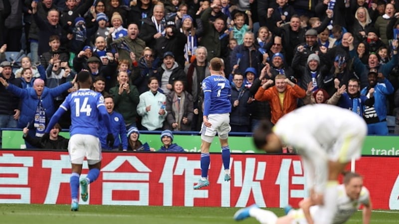 Harvey Barnes celebrates scoring what turned out to be the winner for Leicester. Photograph: James Williamson/ AMA/Getty Images