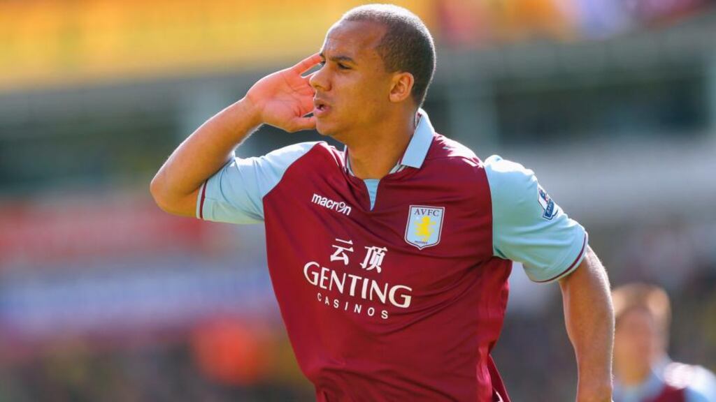 Aston Villa’s Gabriel Agbonlahor gestures to the crowd after scoring in the premier League clash at Carrow Road. Photograph: Andrew Winning/Reuters
