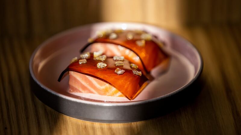 Dry aged Clare Island Salmon, Yuzu Kosho & Soy Jelly. Photograph: Tom Honan