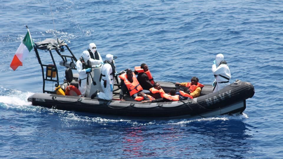 The LÉ Eithne completing the rescue of dozens of migrants off the coast of Libya on Thursday. Photograph: Irish Defence Forces