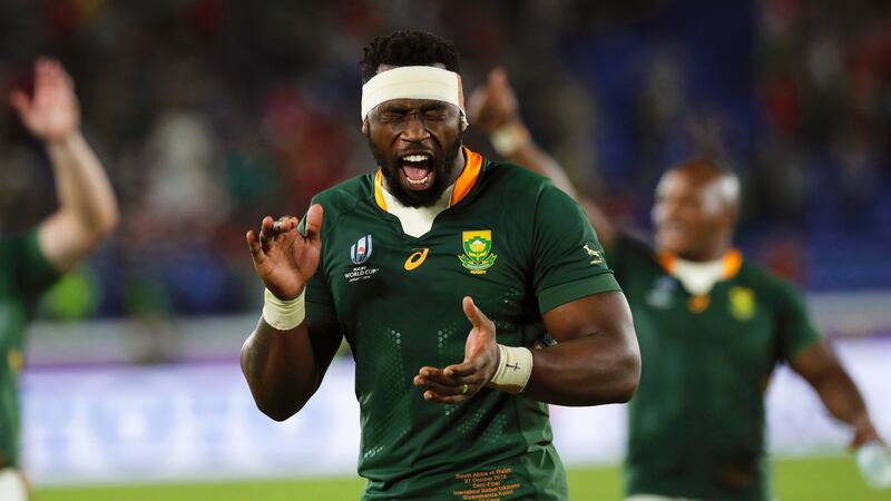 South Africa’s Siya Kolisi celebrates his side’s win over England. Photograph: Mark R Cristino/EPA