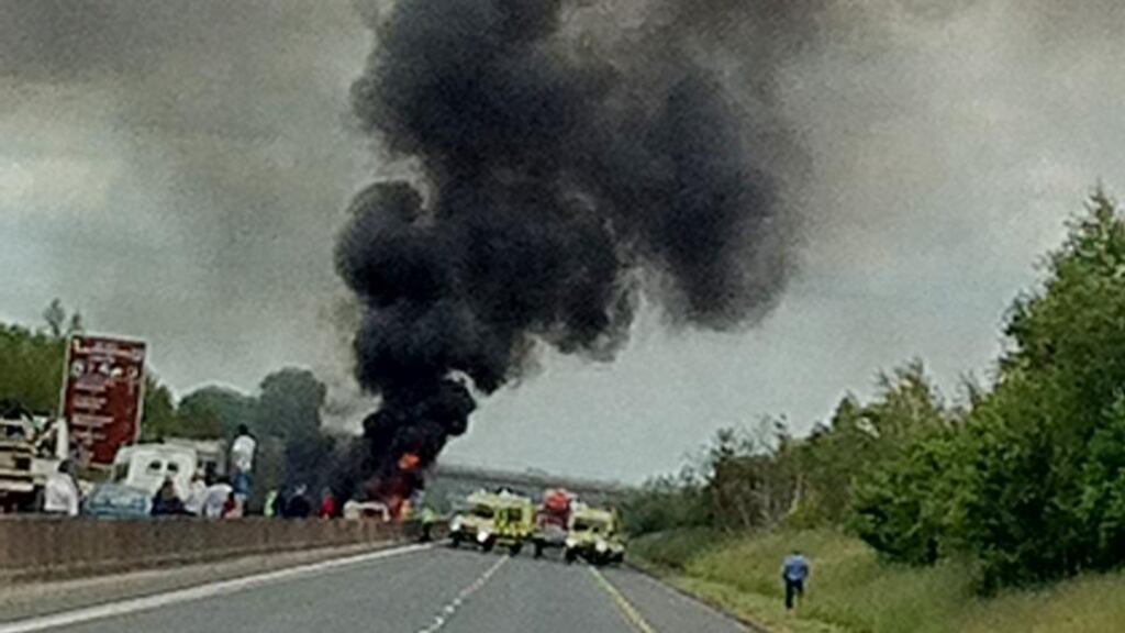 The scene of the car fire on the N4 near Kinnegad yesterday afternoon in which a man in his 50s died. Photograph: Martin Territt/The Irish Times