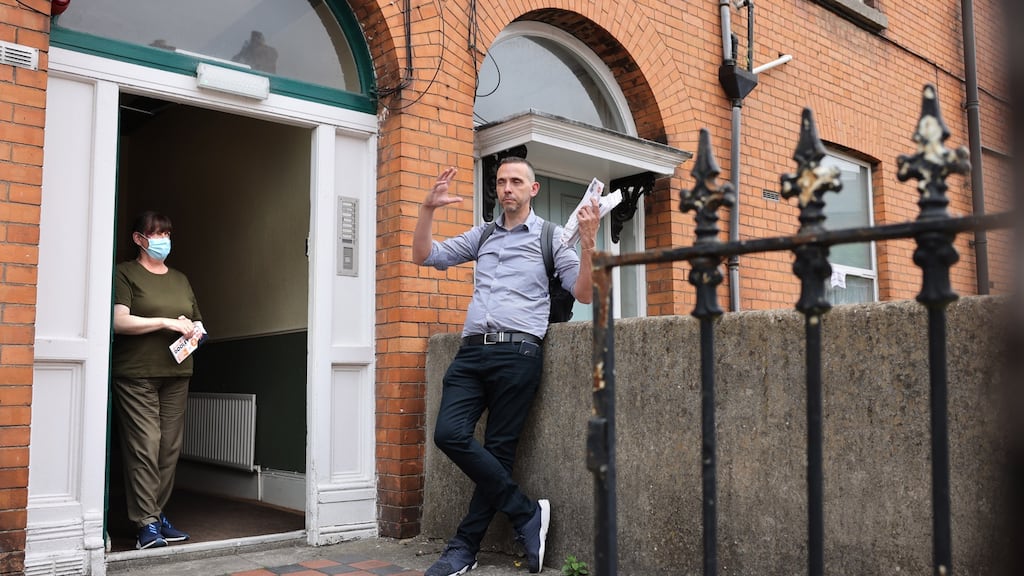 Peter Dooley, Independent by-election candidate in Dublin Bay South, canvassing Carole Gannon, in Rathmines area of Dublin. Photograph: Dara Mac Donaill / The Irish Times