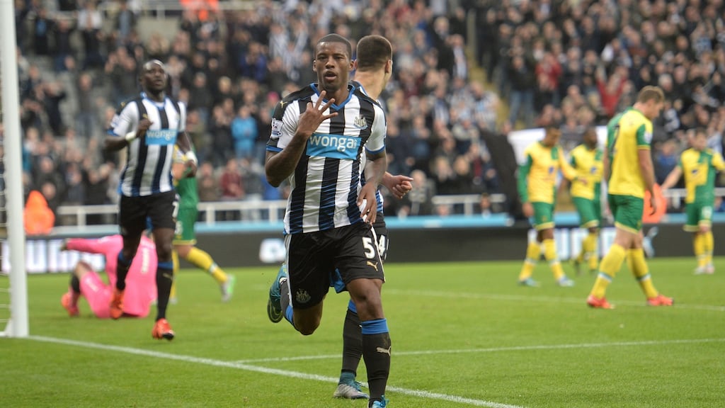Georginio Wijnaldum scored four for Newcastle United as they routed Norwich City 6-2 at St James’ Park. Photograph: PA