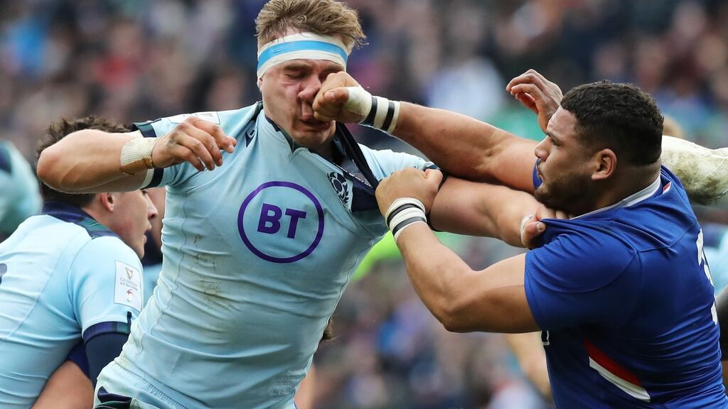 Mohammed Haouas of France punching Jamie Ritchie of Scotland during their Six Nations match at Murrayfield, Edinburgh. Photograph: David Rogers/Getty Images
