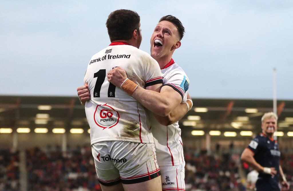 Ulster's Jacob Stockdale celebrates scoring a try with Craig Gilroy during the BKT United Rugby Championship match against Edinburgh at Kingspan Stadium. Photograph: Bryan Keane/Inpho
