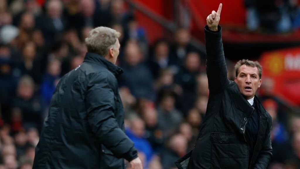 Liverpool manager Brendan Rodgers gestures to his charges during the recent English Premier League clash against Manchester United at Old Trafford. Photo: Phil Noble/Reuters