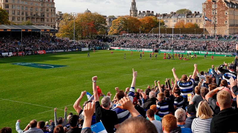 Bath supporters celebrate Freddie Burns’s try that never was against Toulouse. Photograph: Adrian Dennis/AFP
