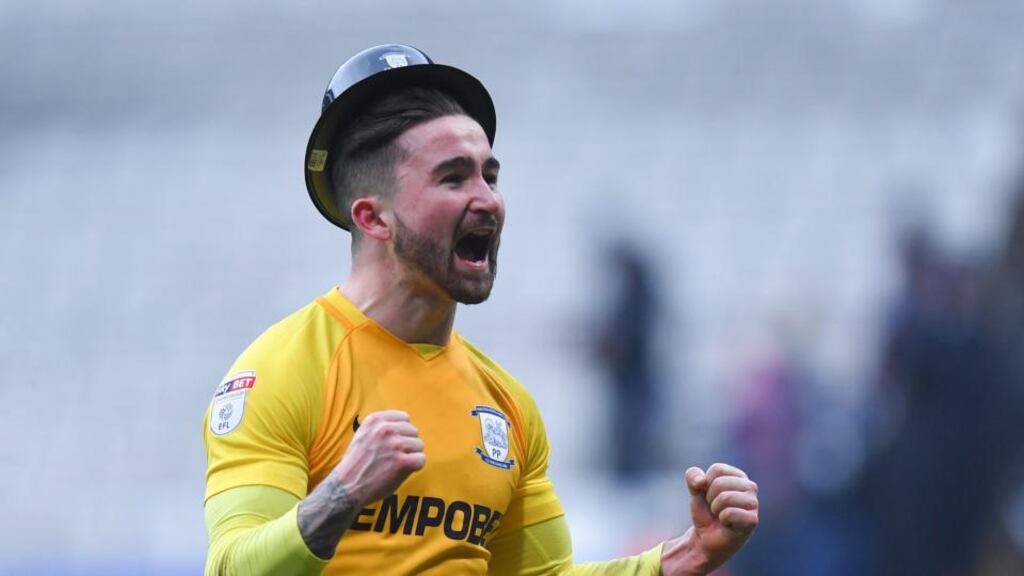 Preston North End’s Sean Maguire celebrates victory whilst wearing a bowler hat for Gentry Day at the final whistle of the Sky Bet Championship match between Bolton and Preston at the Macron Stadium, Bolton. Photo: Dave Howarth/PA Wire