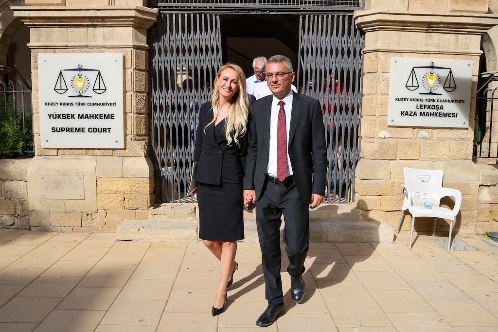Republican Turkish Party leader Tufan Erhürman (R) and his wife Nilden Erhürman after he was elected as the new Turkish Cypriot president. (Photo by Birol Bebek/AFP)