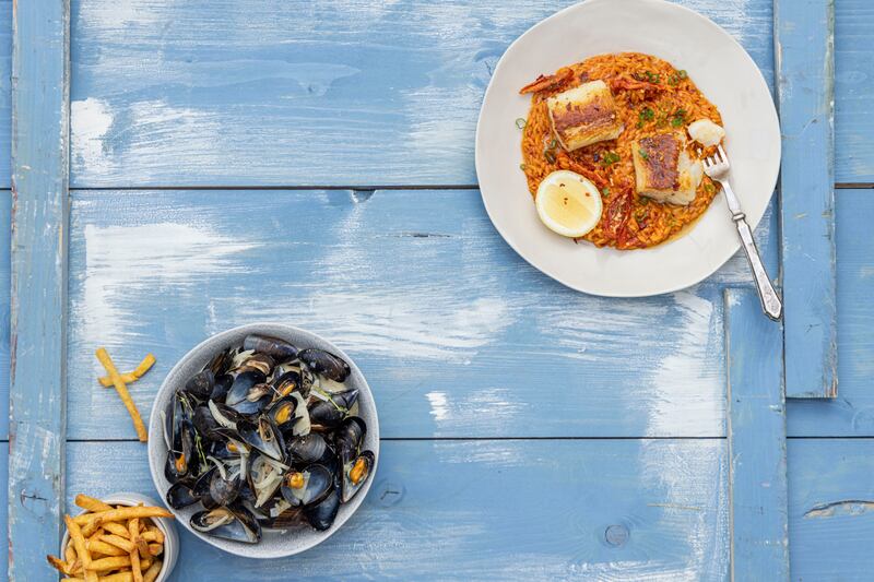 Moules Mariniere with skinny chips and roasted cod with orzo and ‘nduja