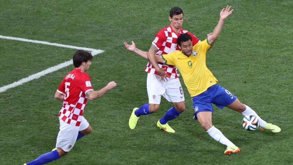 “Far from scoring twice in this tournament’s opener, I’m not sure Fred touched the ball that many times against Croatia. It looks as if his main role is to fall over occasionally and win outrageous penalties. Oh well. It’s still not the worst gamble I’ve had on a World Cup.” Photograph:  Mauricio Duenas/EPA