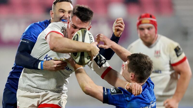 James Hume carries as Luke McGrath tries to tackle him during Ulster’s defeat to Leinster. Photograph: James Crombie/Inpho