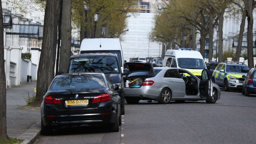The scene near the Ukrainian embassy in Holland Park, west London after police fired shots after the ambassador’s car was “deliberately rammed”. Photograph: Jonathan Brady/PA Wire