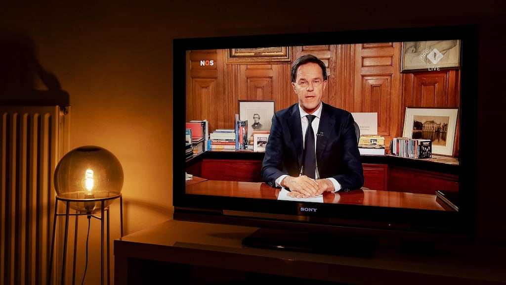 Dutch prime minister Mark Rutte during a televised address on the outbreak of coronavirus. Photograph: Robin Van Lonkhuijsen/ANP/AFP via Getty