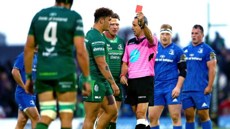 Connacht’s Dominic Robertson-McCoy is shown a red card by referee John Lacey during the  Guinness Pro 14 game at the  Sportsground in Galway. Photograph:  James Crombie/Inpho