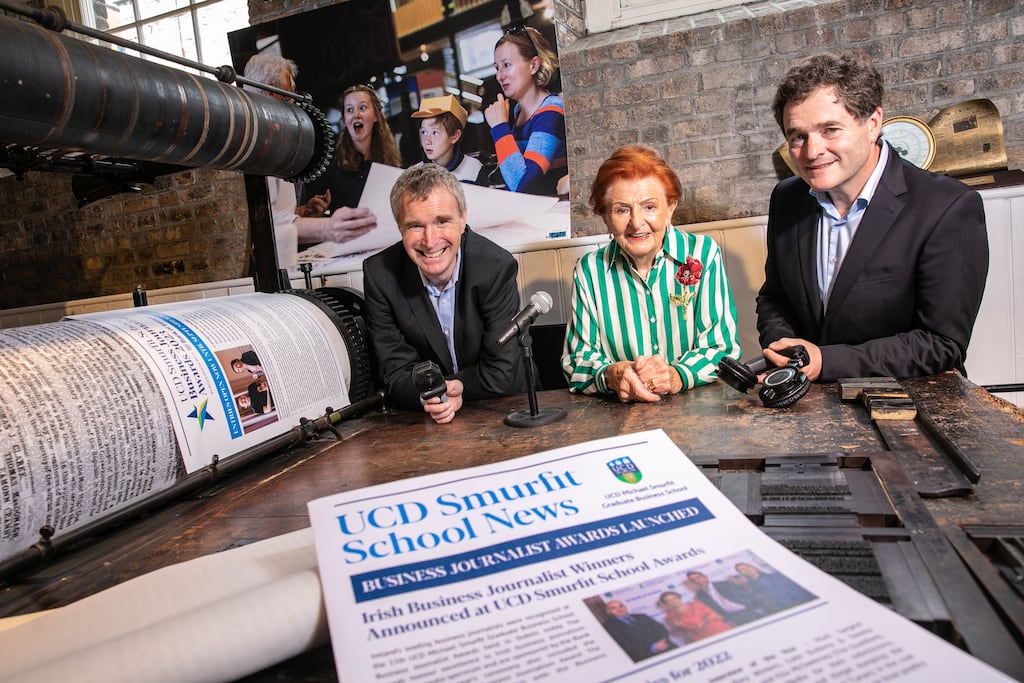 At the launch of the UCD Smurfit School 2023 Business Journalist Awards were Prof Anthony Brabazon (left) dean of UCD College of Business, Breege O’Donoghue, chairwoman of the judging panel and Gavin Kelly from Bank of Ireland. Photograph: Orla Murray/Coalesce