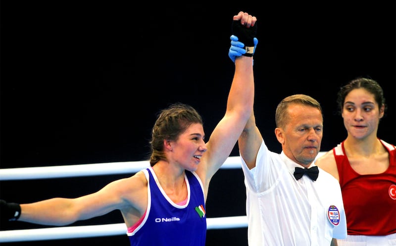 Ireland’s Aoife O’Rourke celebrates winning and guaranteeing herself at least a bronze medal. Photograph: Aleksandar Djorovic/Inpho