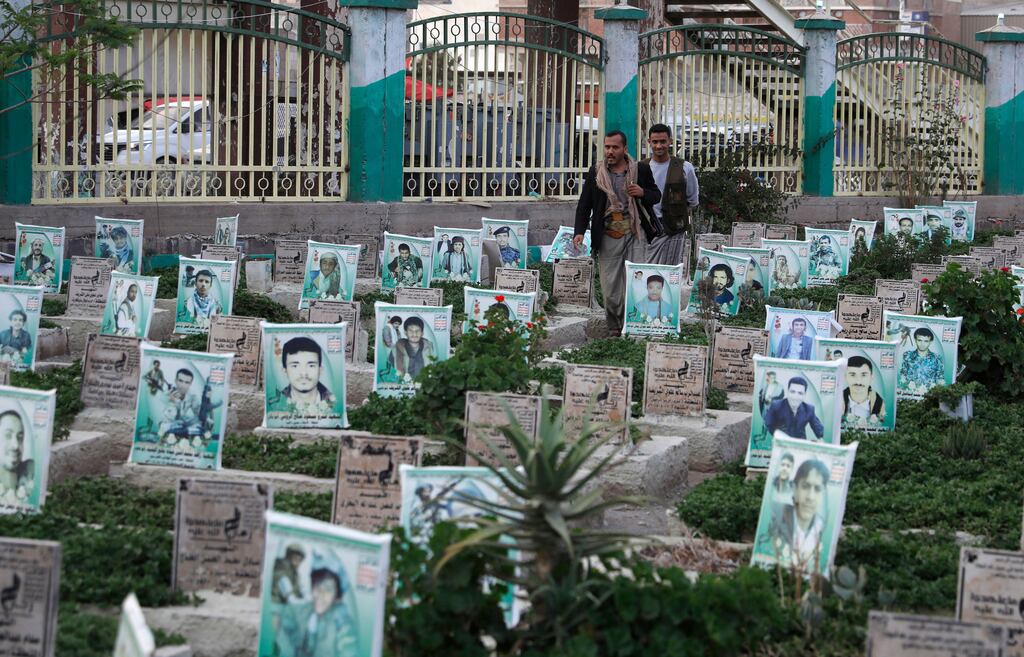 A cemetery in Sanaa for people killed in the war in Yemen. A Saudi delegation is holding ceasefire negotiations with Houthi leaders in the Yemeni capital in an effort to a end to the eight-year conflict between the Houthis and the Saudi-backed Yemeni government. Photograph: Yahya Arhab/EPA