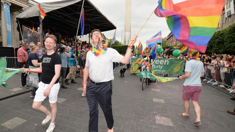 Leader of the Green Party Eamon Ryan goes barefoot in the 2019 Dublin Pride Parade in Dublin city centre. Photograph: Alan Betson