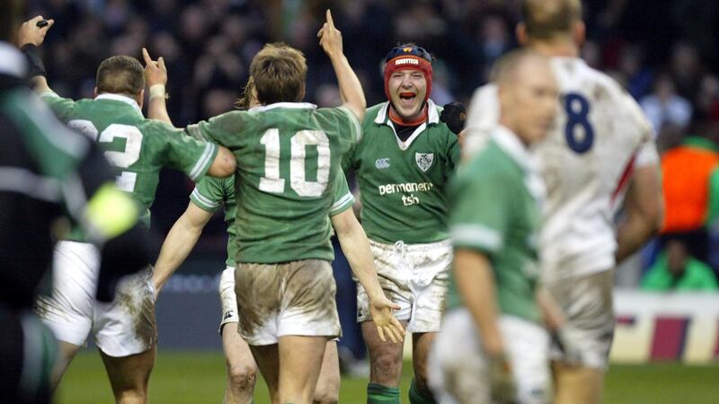 Anthony Foley celebrates at the final whistle in 2004. Photograph: Billy Stickland/Inpho