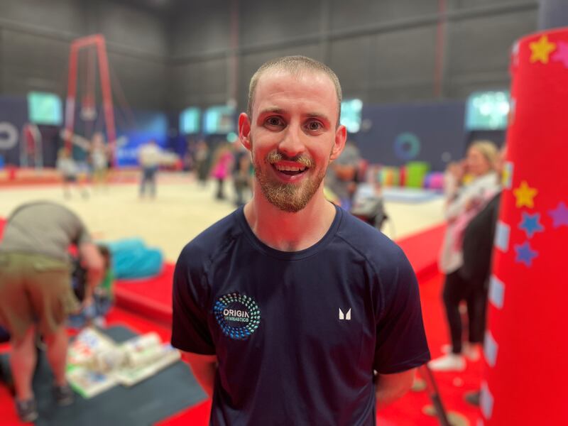 Senior coach Conor McGovern at a watch party at Origin Gymnastics club in Newtownards as Rhys McClenaghan goes for gold in the Olympics. Photograph: Rebecca Black/PA Wire
