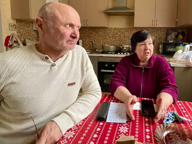 Valeriy and Nina Basyuk, whose village of Bohdanivka outside Kyiv was occupied by Russian troops on March 8th, 2022. Photograph: Daniel McLaughlin