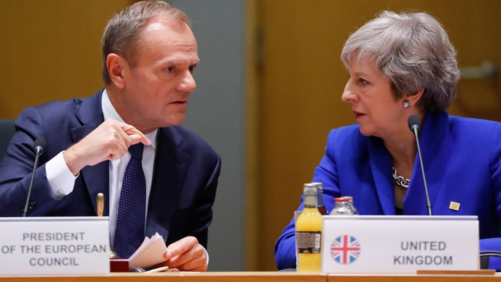 European Council president Donald Tusk and UK prime minister Theresa May. Photograph: Olivier Hoslet/Pool/EPA